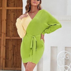 NWOT Women's V Neck Long Sleeve Batwing Wrap Midi Knit Sweater Dress with Belt